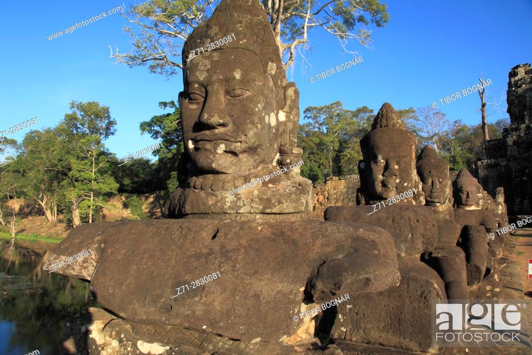 Stock Photo: Cambodia, Angkor, Angkor Thom, South Gate, statues, .