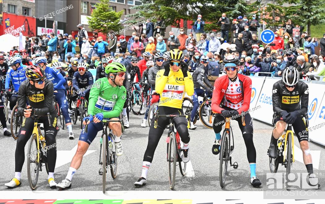 Stock Photo: Belgian Wout Van Aert of Team Jumbo-Visma, British Mark Cavendish of Deceuninck - Quick-Step wearing the green jersey of leader in the sprint ranking.