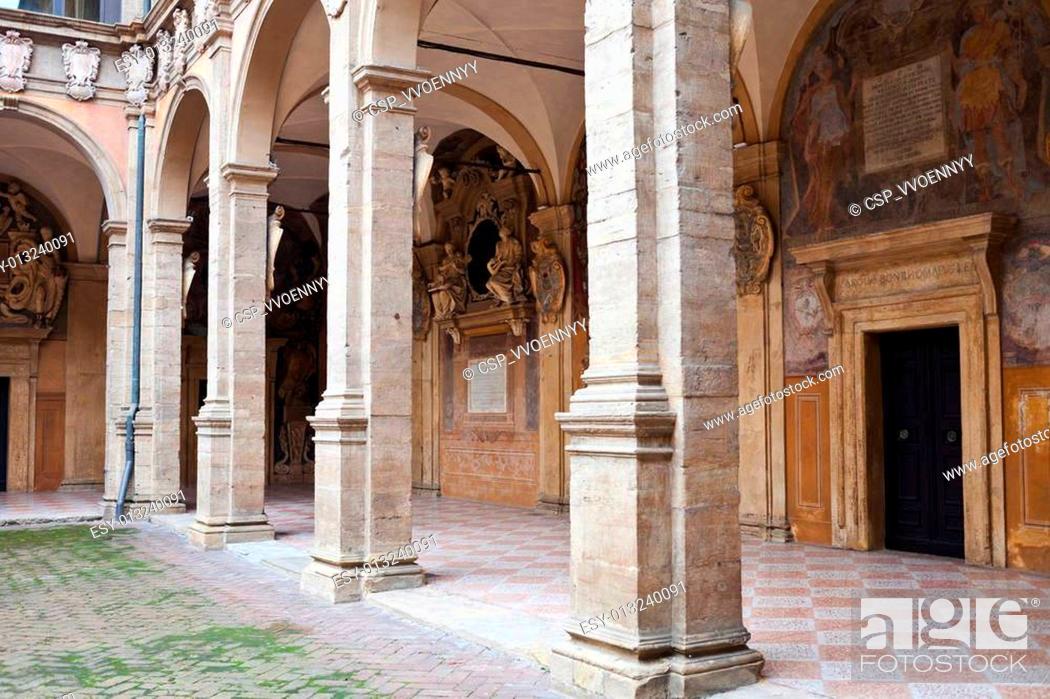 Stock Photo: arcade and courtyard of Archiginnasio palace, Bologna.