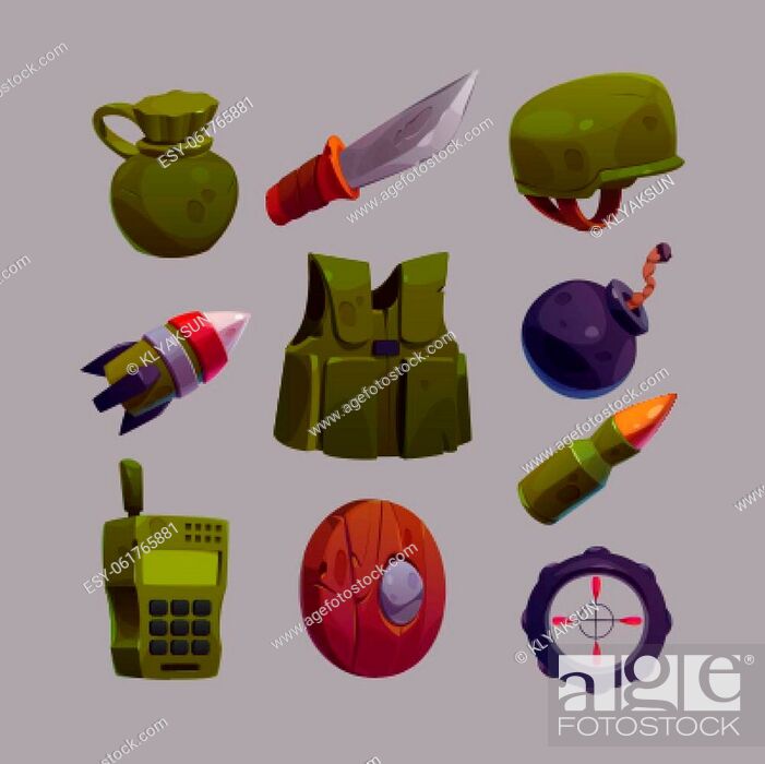 Stock Vector: Military game icons cartoon vector set. Isolated war weapon collection, bomb, bullet and rocket, knife and wooden shield, water flask and compass, walkie talkie.
