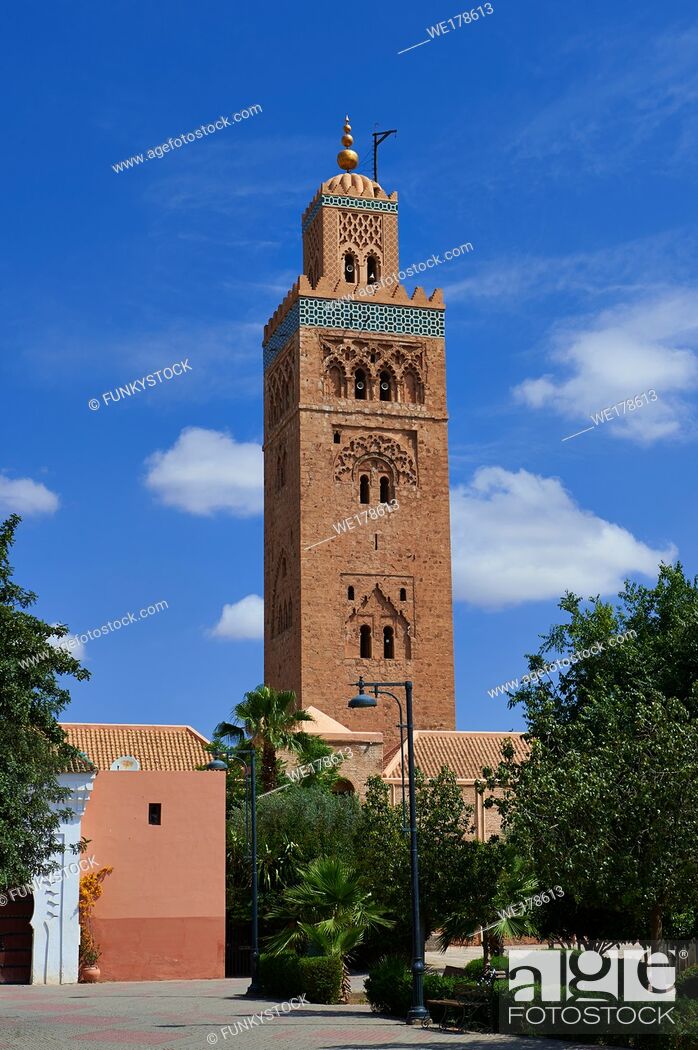 Stock Photo: The Koutoubia Mosque completed 1199 with a square Berber minaret, Marrakesh, Morroco.