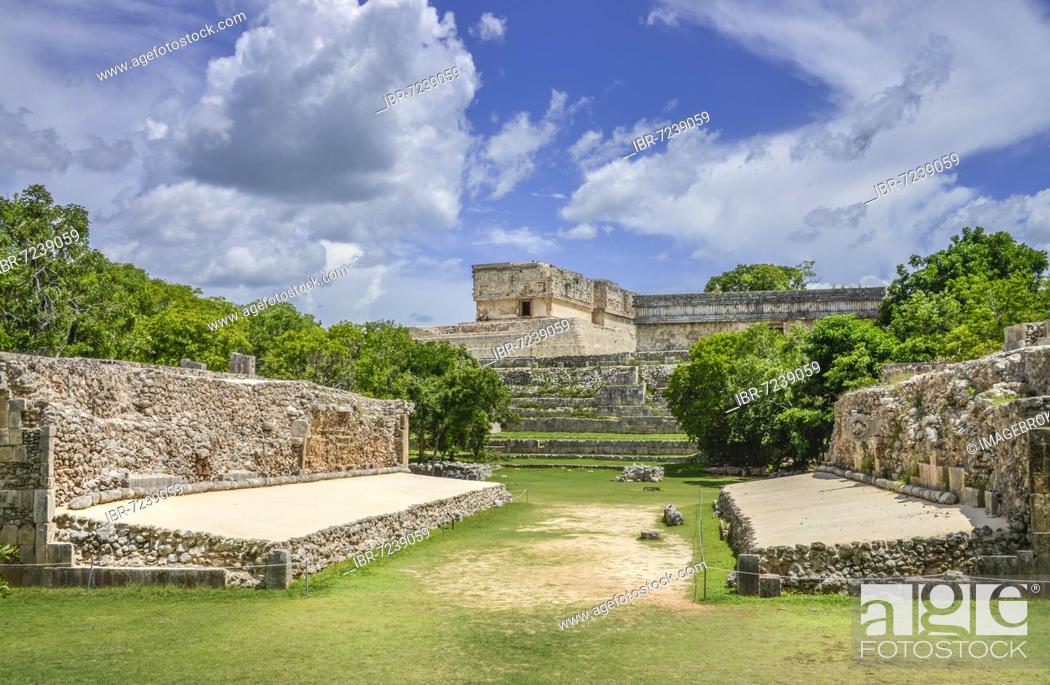 Stock Photo: Ball court (Juego de Pelota), in the back the Governor's Palace (Palacio del Gobernador), ruins, Uxmal, Yucatan, Mexico, Central America.