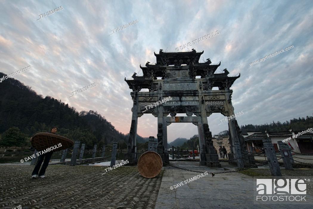 Stock Photo: Paifang entrance gate to the UNESCO World Heritage ancient village of Xidi, Anhui, China.
