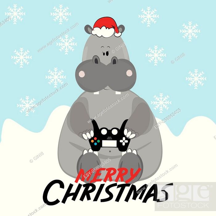 Merry Christmas- text, with funny hippopotamus gamer, on snowy background,  Stock Vector, Vector And Low Budget Royalty Free Image. Pic. ESY-058863405  | agefotostock
