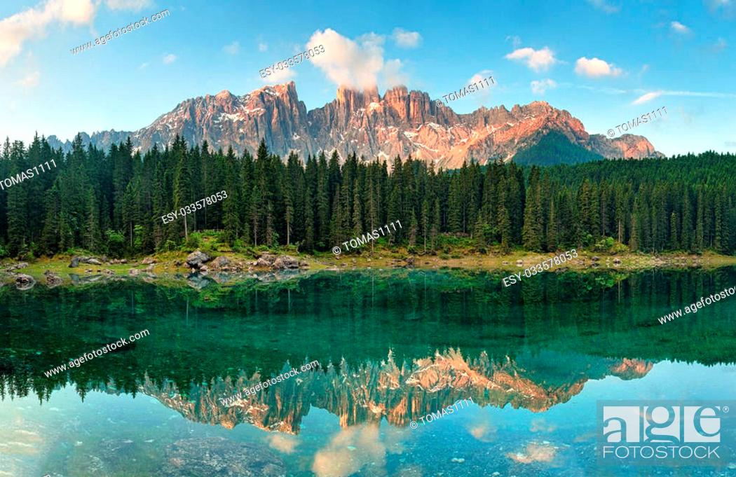 Stock Photo: Dolomites Lake Karersee (Lago di Carezza), Italy.