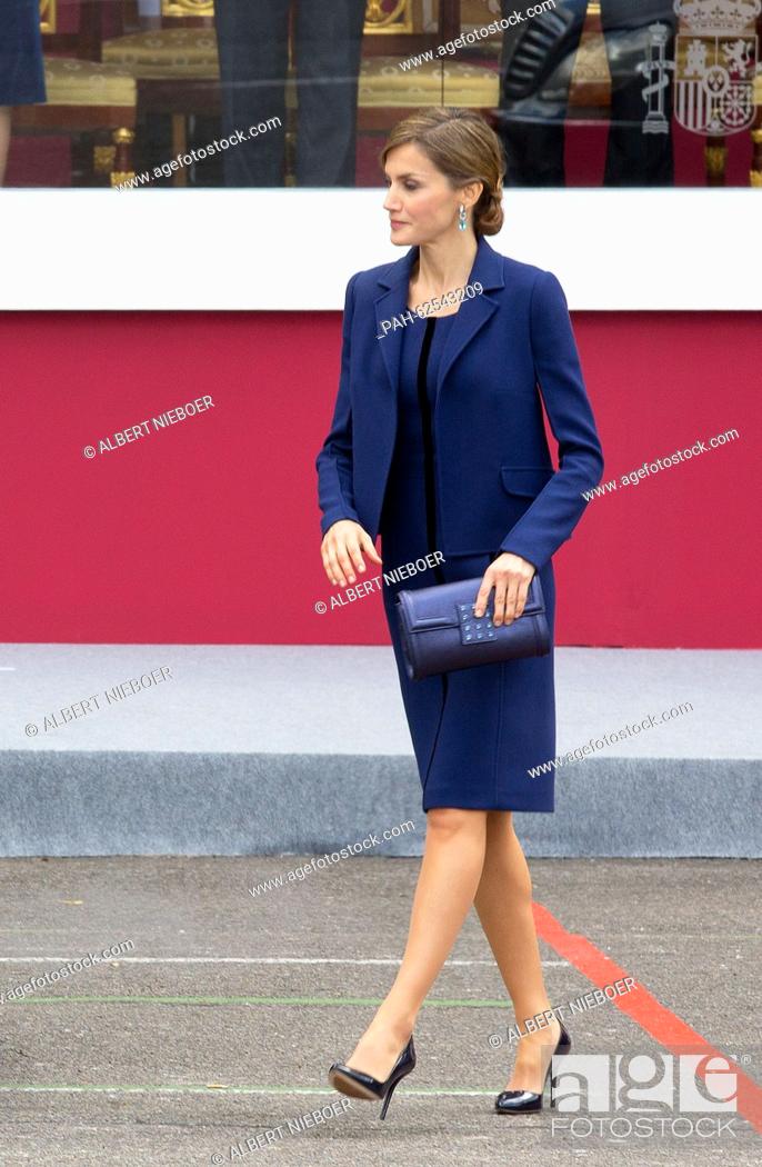Stock Photo: Madrid, 12-10-2015 HM Queen Letizia HM King Felipe, HM Queen Letizia, Princess Leonor, Princess Sofia attend the military parade at la Plaza de Cánovas del.