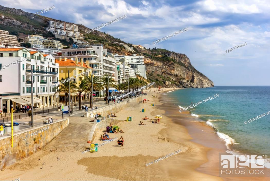 Stock Photo: Beach of Sesimbra. The resort is situated in Portugal close to capital Lisbon.