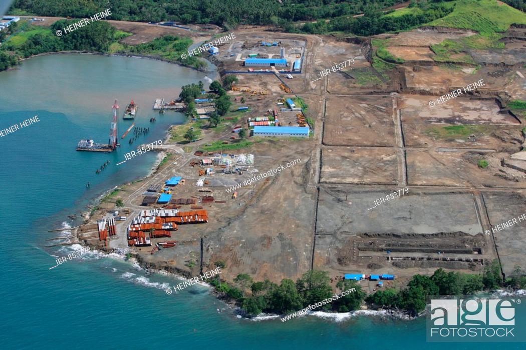 Stock Photo: Refinery and harbour premises being built, at a nickle mine, chinese mining association, Basamuk, Papua New Guinea, Melanesia,.