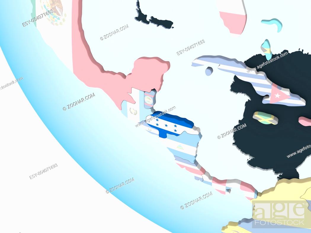 Stock Photo: Honduras on bright political globe with embedded flag. 3D illustration.