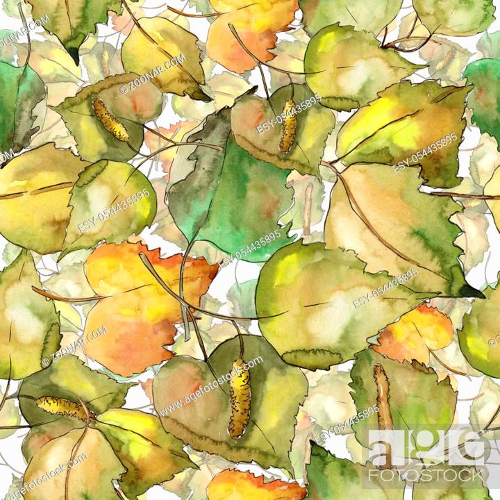 Stock Photo: Leaves Birch in a watercolor style. Seamless background pattern. Fabric wallpaper print texture. Aquarelle leaf for background, texture, wrapper pattern.
