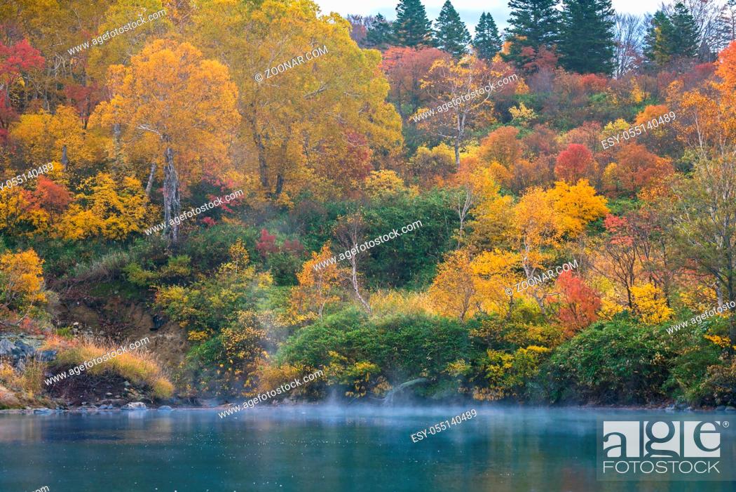 Stock Photo: Autumn Forest onsen lake at Jigoku Numa, Hakkoda Aomori Tohoku Japan.