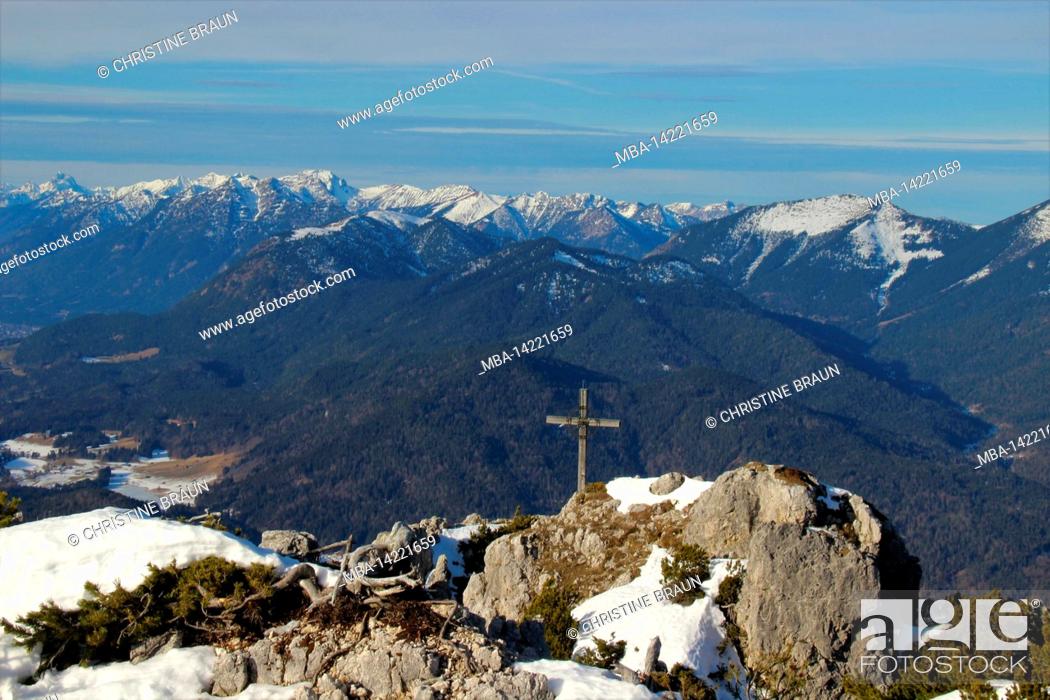Stock Photo: Winter hike to the Signalkopf (1895 meters) with a view of the summit cross, Europe, Germany, Bavaria, Upper Bavaria, Isar Valley, Krün.