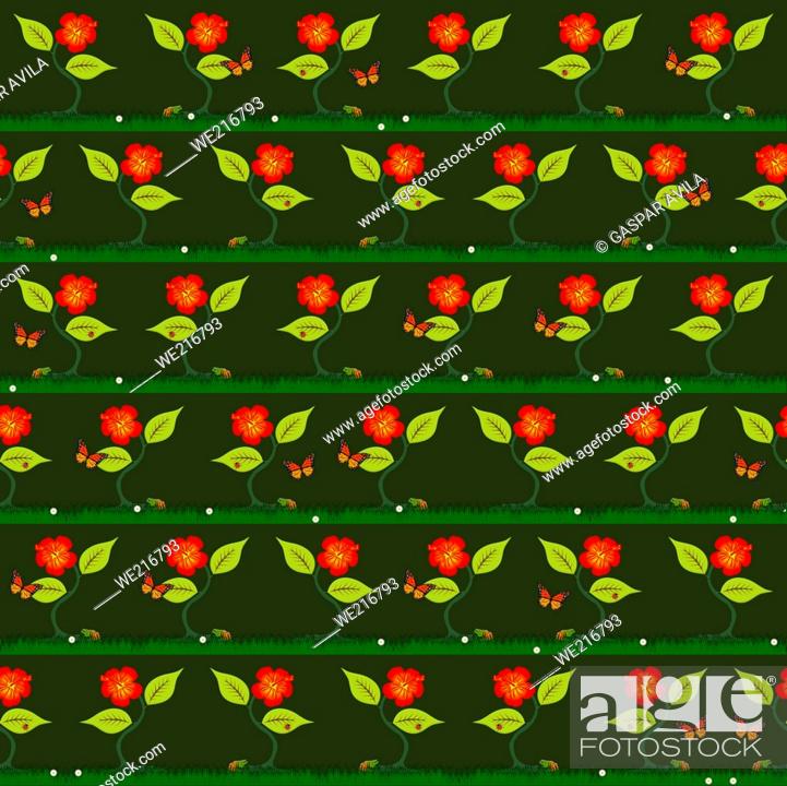 Vector: Pattern of plants, flowers and butterflies.