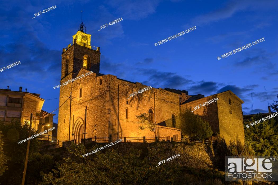 Stock Photo: Church of Sant Esteve de Baga  illuminated at night and blue hour (Berguedá , Barcelona, Catalonia, Spain).