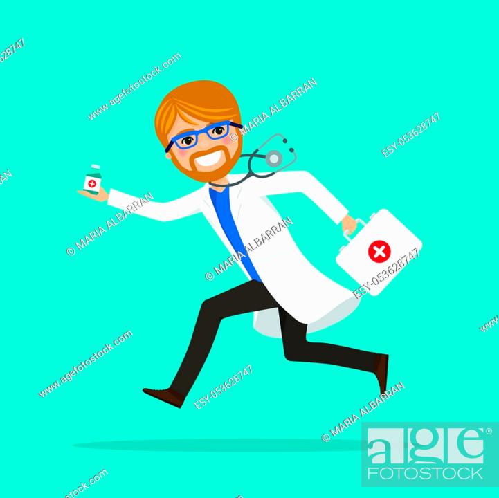 Vector: Emergency male doctor running to help with medicines. Hospital scene. Professional with stethoscope and briefcase. Vector illustration.
