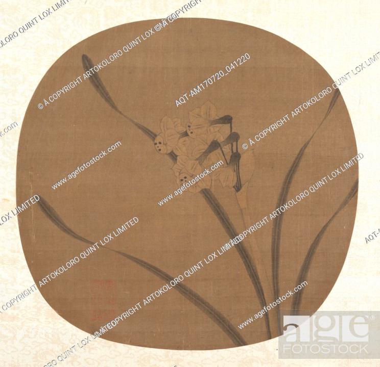 Stock Photo: Narcissus, Southern Song dynasty (1127â€“1279), 13th century, China, Fan mounted as an album leaf; ink and color on silk, 9 3/8 x 9 3/5 in. (23.8 x 24.
