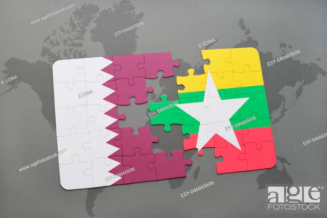 Stock Photo: puzzle with the national flag of qatar and myanmar on a world map background. 3D illustration.