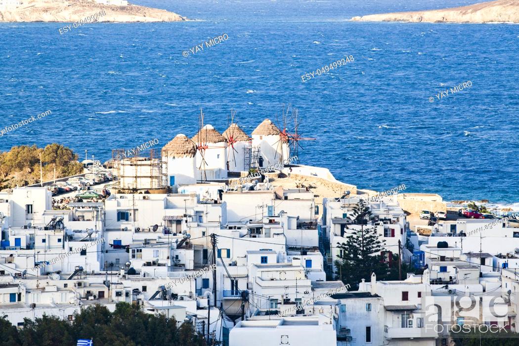 Stock Photo: panoramic view of the Mykonos town harbor from the above hills on a sunny summer day, Mykonos, Cyclades, Greece.