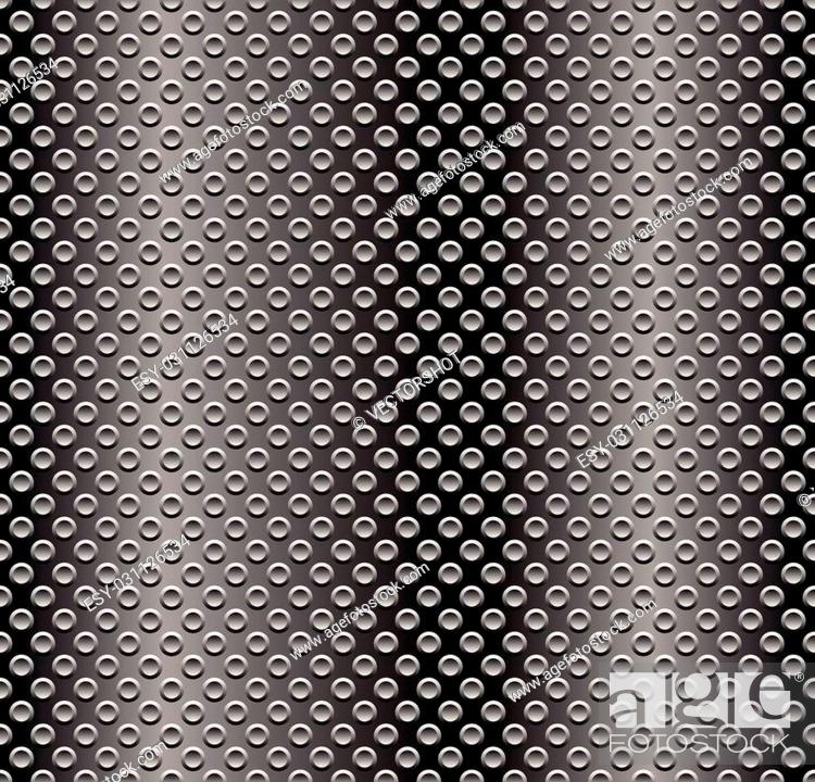 Stock Vector: Seamless metal swatch. Perforated metal pattern with black holes. Industrial background.