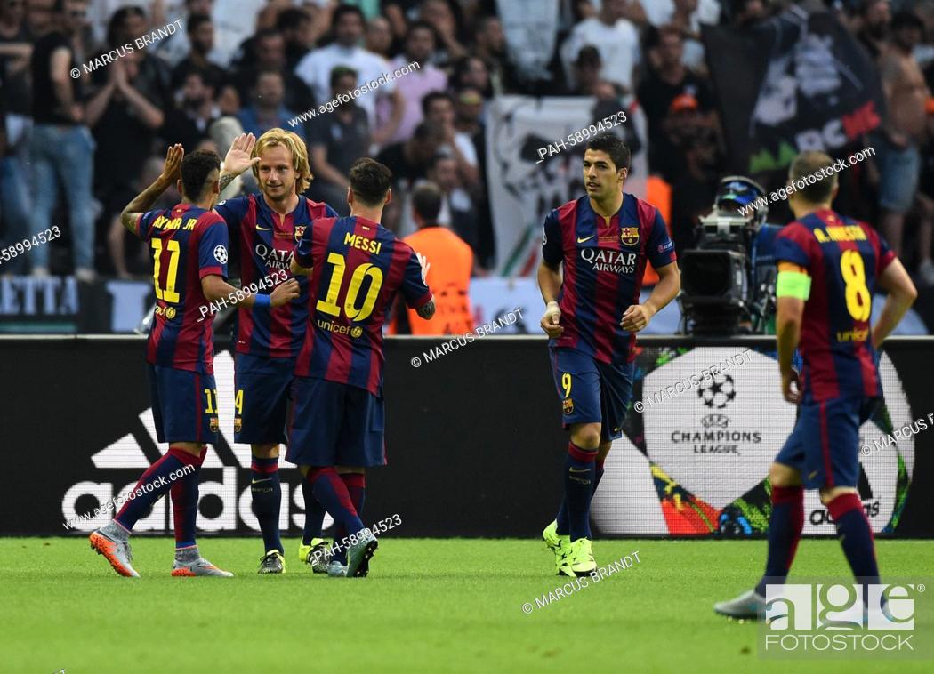 Stock Photo: Barcelona's Ivan Rakitic (2-L) celebrates with Neymar (L-R), Lionel Messi, Luis Suarez and Andres Iniesta after scoring the first goal during the UEFA Champions.