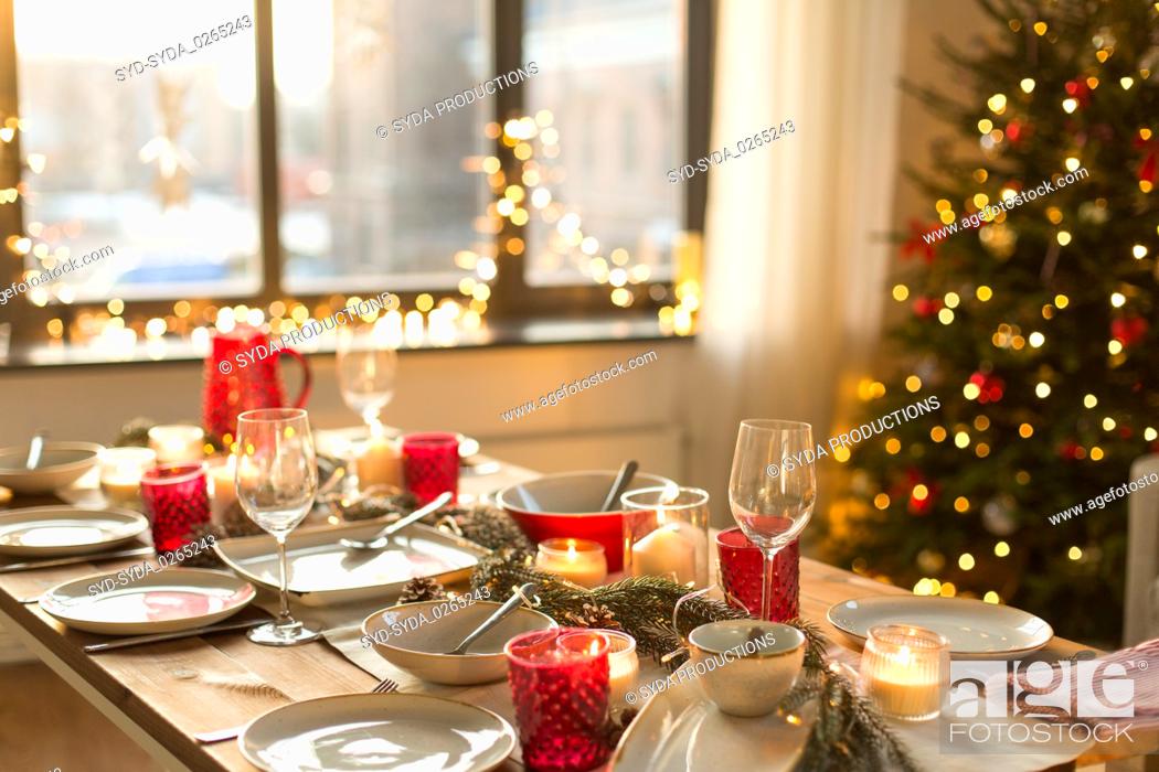 Stock Photo: table served for christmas dinner at home.
