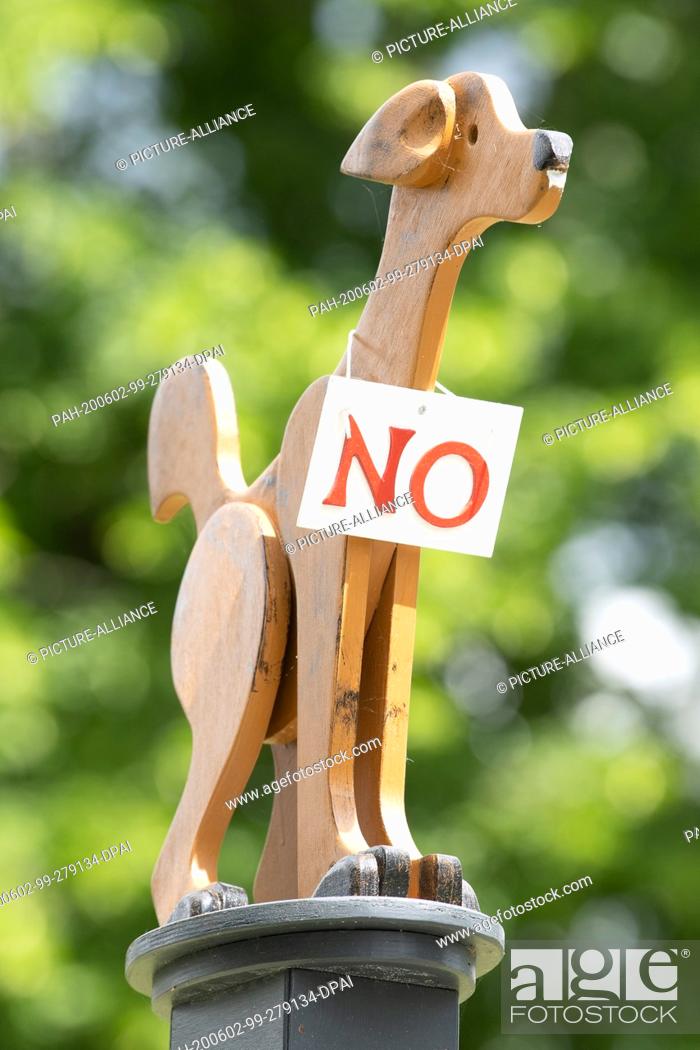 Stock Photo: 02 June 2020, Saxony, Bad Schandau: A wooden figure in the shape of a dog with the sign ""No"" stands on a plinth at a driveway.