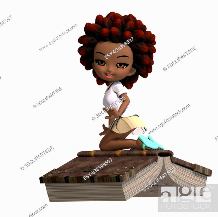 cute little cartoon school girl with curly hair is flying on a book, Stock  Photo, Picture And Low Budget Royalty Free Image. Pic. ESY-038398597 |  agefotostock