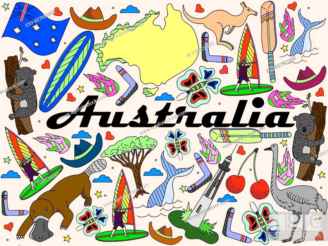Vector line art Doodle set of cartoon characters and objects on Australia,  Stock Vector, Vector And Low Budget Royalty Free Image. Pic. ESY-027931668  | agefotostock