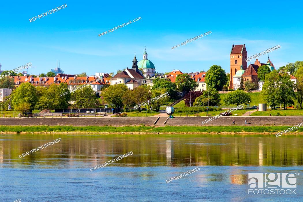 Stock Photo: Warsaw, Mazovia / Poland - 2020/05/09: Panoramic view of New Town quarter - Nowe Miasto - and Muranow district with Wybrzerze Gdanskie embankment at Vistula.