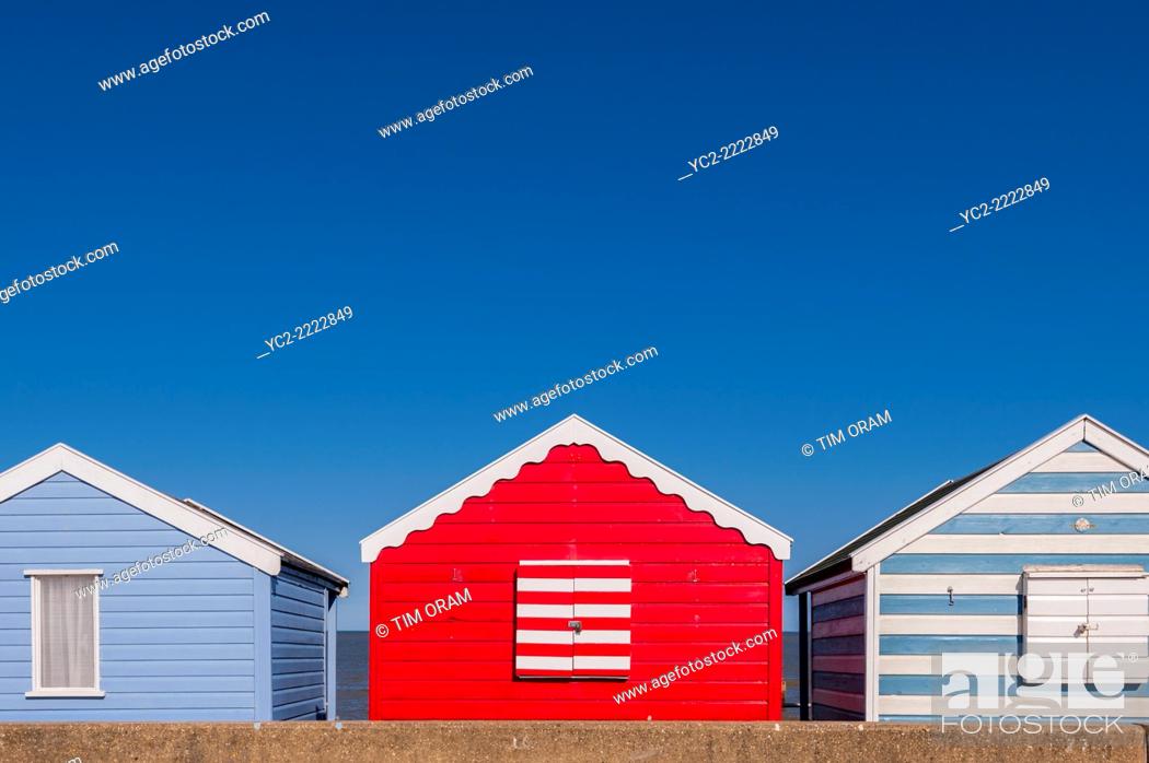 Stock Photo: Beach huts on the front in Southwold , Suffolk , England , Britain , Uk.