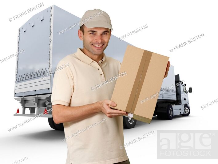 Stock Photo: Delivery man and trailer truck.