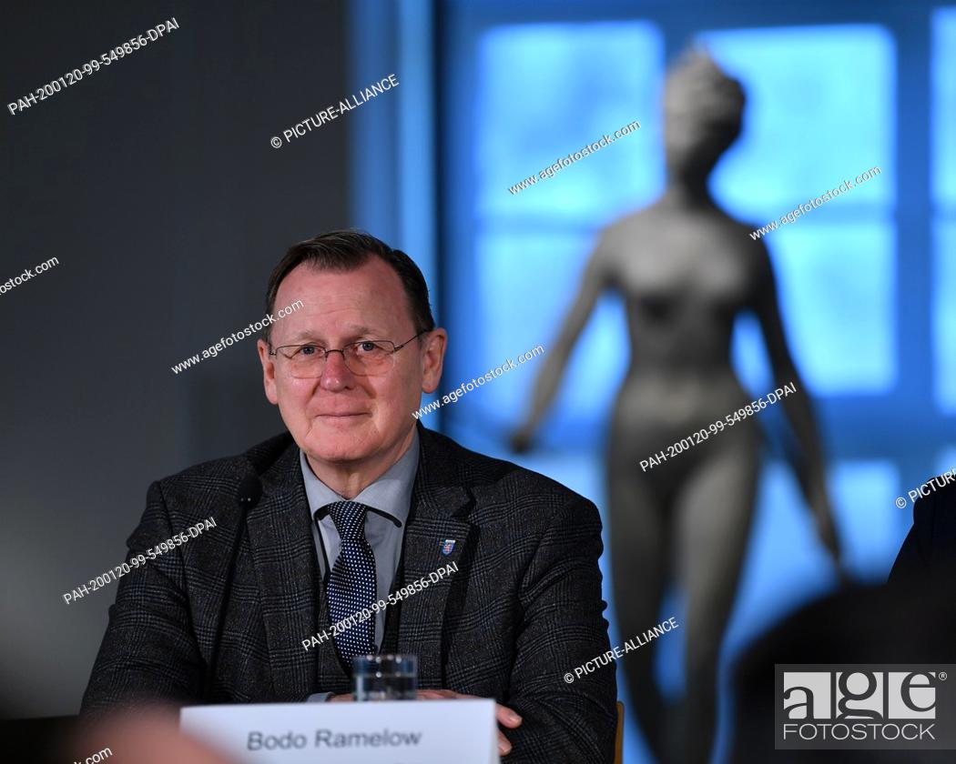 Stock Photo: 20 January 2020, Thuringia, Gotha: Bodo Ramelow (Die Linke), Minister President of Thuringia, sits on the podium in a press conference.