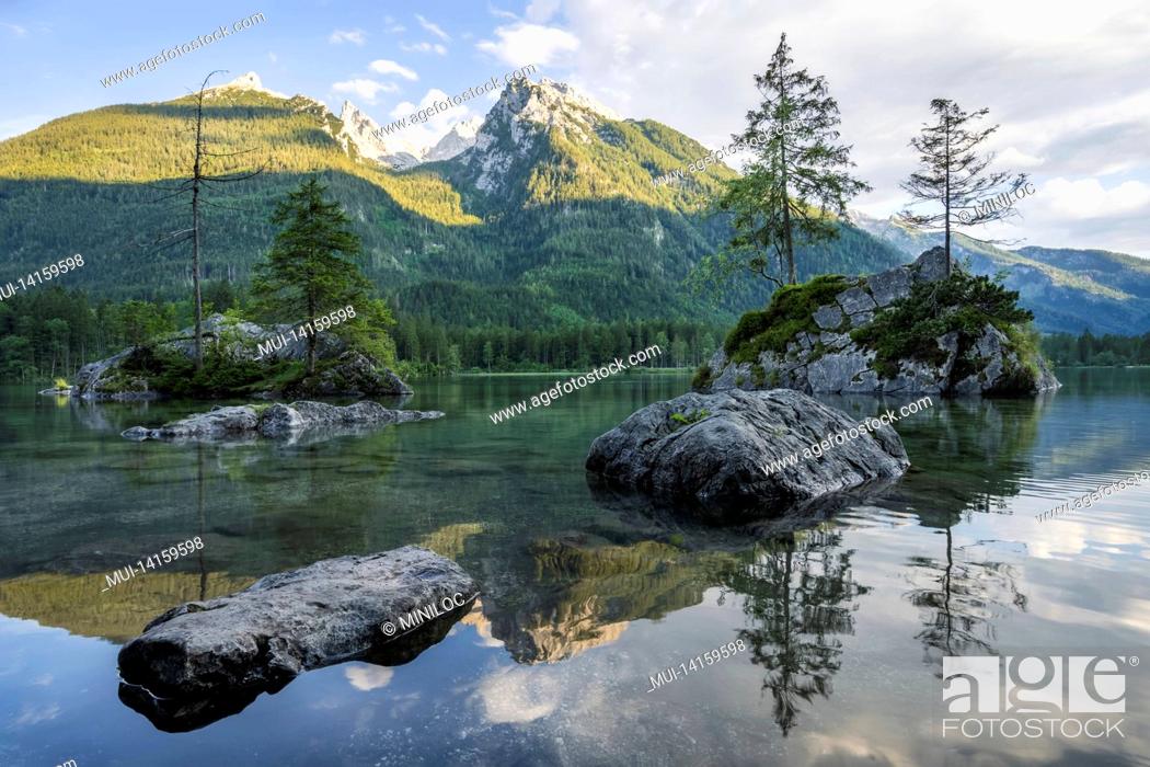 Stock Photo: hintersee lake with reflection of watzmann mountain peaks. ramsau berchtesgaden bavaria, germany, europe.