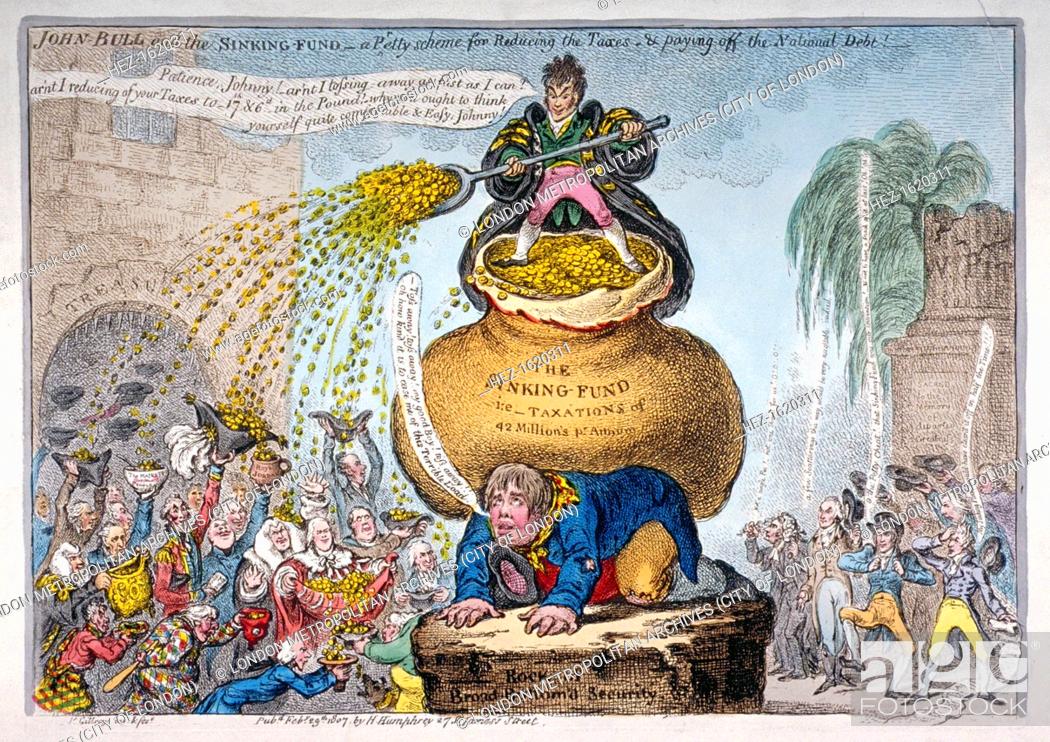 Stock Photo: 'John Bull and the sinking fund', 1807. A p(r)etty scheme for reducing the taxes and paying off the National Debt; showing John Bull on his hands and knees on a.