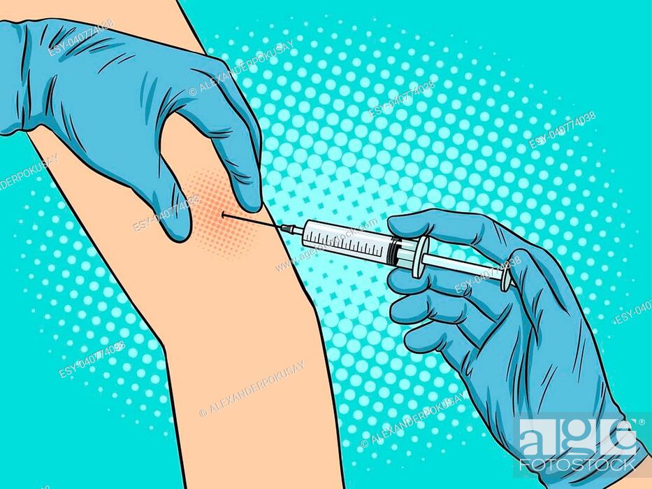 Injection of medicine with syringe in hand pop art retro vector  illustration, Stock Vector, Vector And Low Budget Royalty Free Image. Pic.  ESY-040774038 | agefotostock