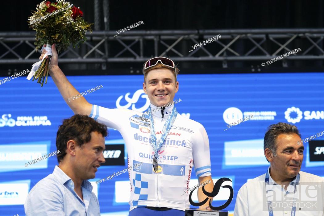 Stock Photo: Belgian Remco Evenepoel of Deceuninck - Quick-Step, Leader of the General Classification celebrates on the podium of the fifth stage of the Tour of San Juan.