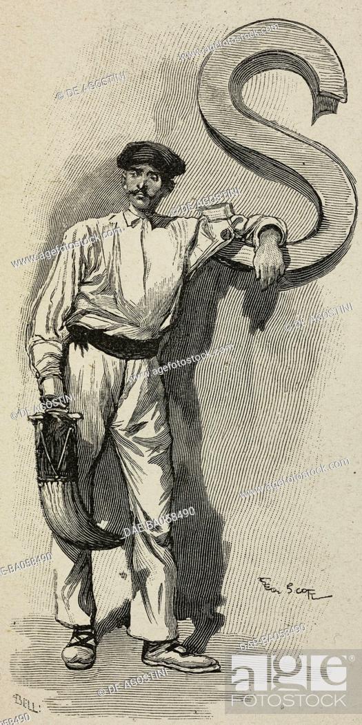 Stock Photo: A Basque pelota player with the typical racket, illustration from the magazine L'Illustration, year 57, no 2961, November 25, 1899.