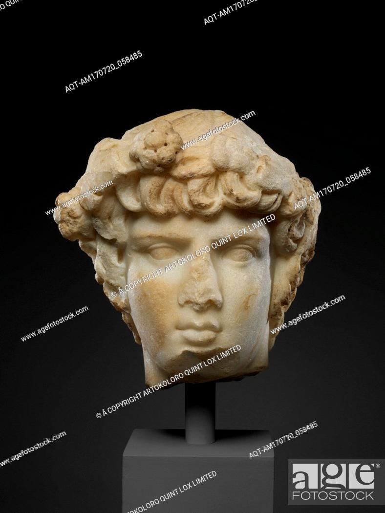 Stock Photo: Marble portrait head of Antinoos, Late Hadrianic, ca. A.D. 130â€“138, Roman, Marble, Overall: 9 1/2 x 8 1/4 in. (24.1 x 21 cm), Stone Sculpture, Antinoos.
