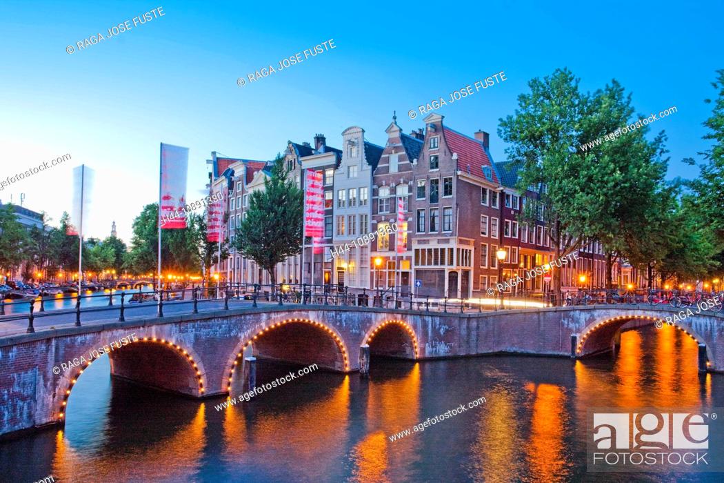 Stock Photo: Holland, Netherlands, Europe, Amsterdam, Keizergracht, canal, channel, bridge, in, evening.