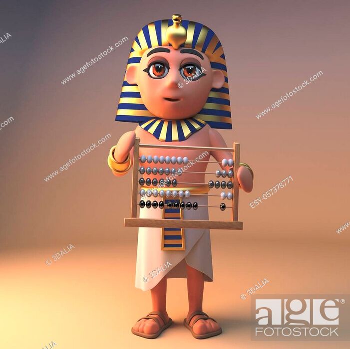 Stock Photo: Powerful Egyptian pharaoh Tutankhamen using an abacus, 3d illustration render.