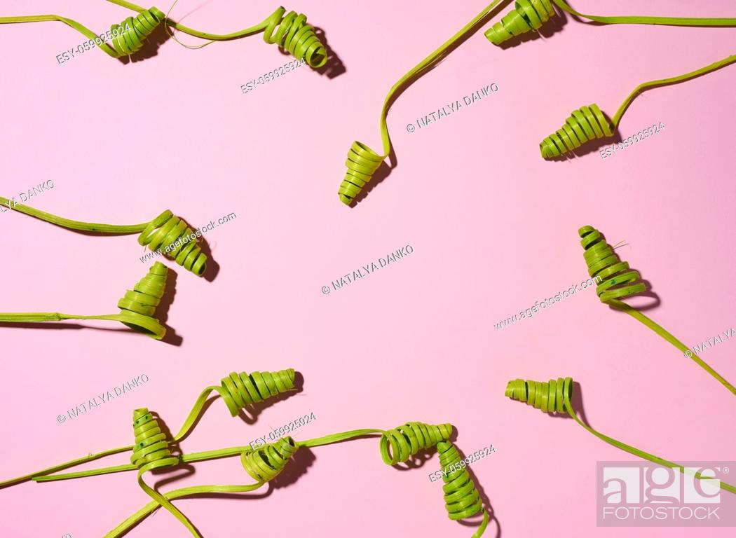 Imagen: green wooden spirals on pink background, abstract background, top view, copy space.