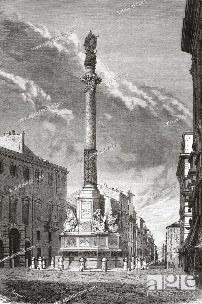 Stock Photo: Column of the Immaculate Conception, Colonna della Immacolata. Piazza di Spagna, Rome. Italy, Europe. Old 19th century engraved illustration from Trip to Rome.