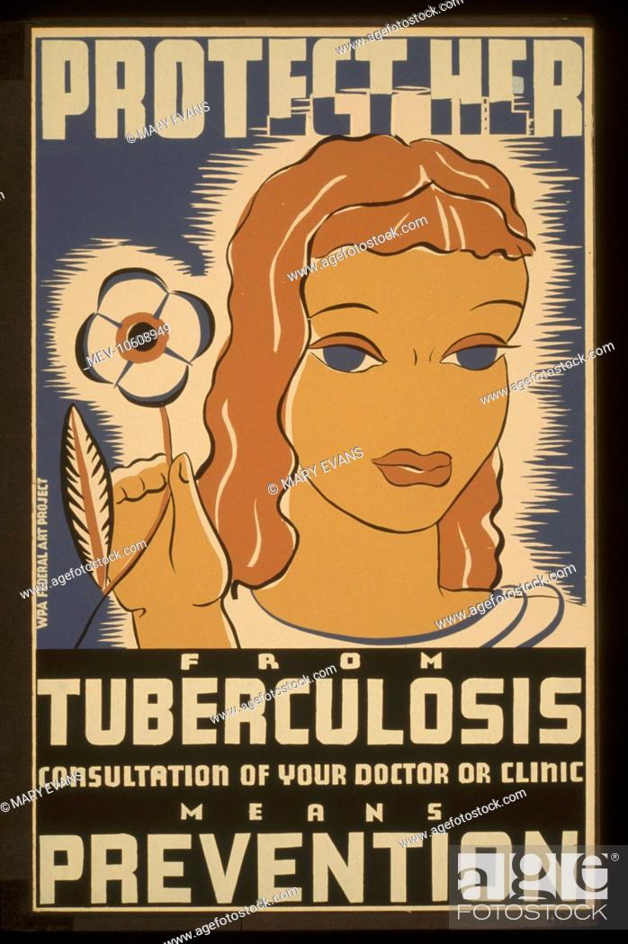 Stock Photo: Protect her from tuberculosis Consultation of your doctor or clinic means prevention. Poster promoting regular medical checkups for prevention of tuberculosis.