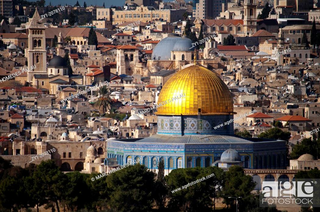 Stock Photo: Classical panoramic view over the Dome of the Rock and Holy Sepulchre from Mount of Olives (Jerusalem).