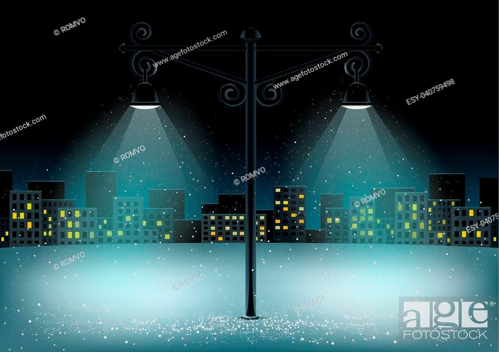 Stock Vector: Electric pillar lamps lights and falling snow. Christmas snowflakes falls on night city background.
