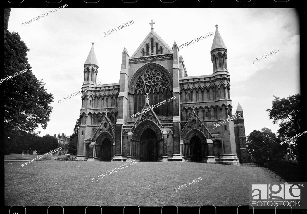 Stock Photo: An exterior view of the west elevation of the St Alban's Abbey Church, which was rebuilt in the 1890's by Lord Grimthorpe.