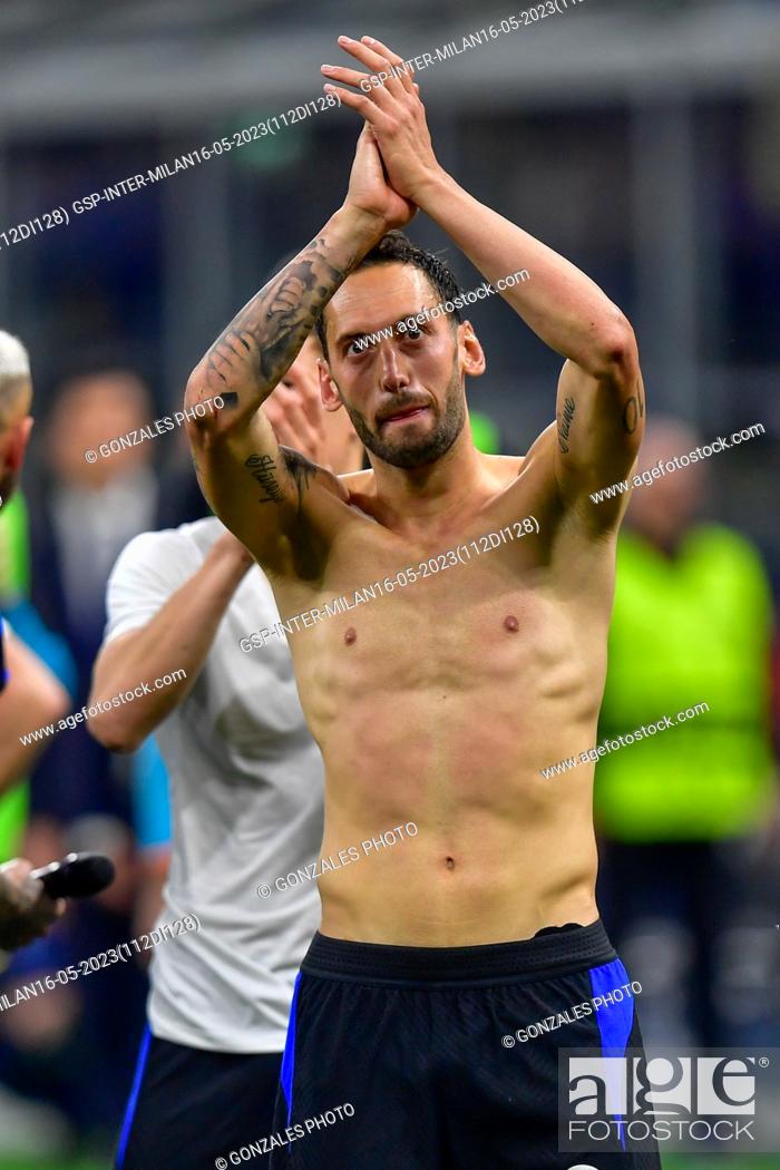 Stock Photo: Milano, Italy. 16th, May 2023. Hakan Calhanoglu of Inter seen after the UEFA Champions League match between Inter and AC Milan at Giuseppe Meazza in Milano.