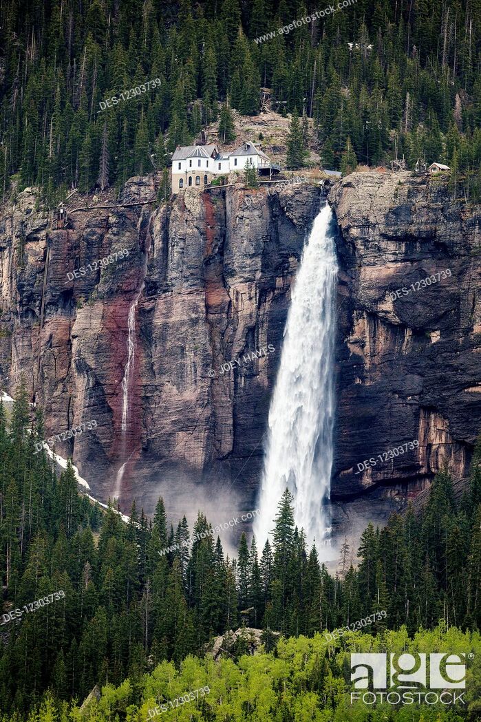 Bridal Veil Falls Spilling Out From The Rocky Cliff With An Old Building At The Top Stock Photo Picture And Rights Managed Image Pic Des Agefotostock