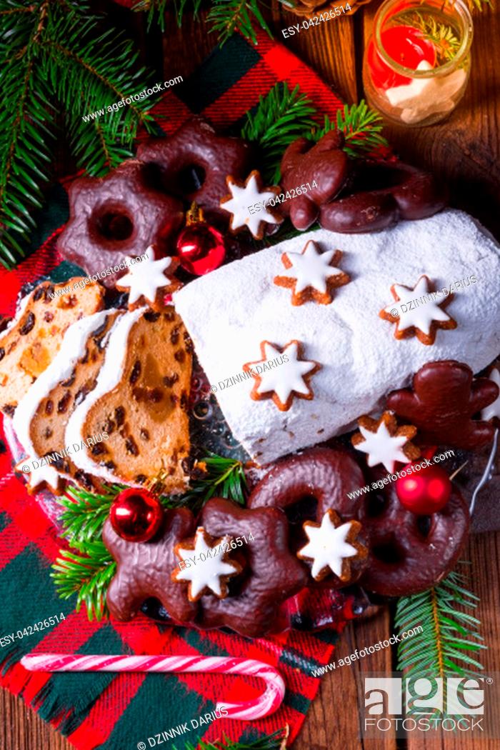 Stock Photo: delicious dresdner christ stollen with marzipan and raisins.