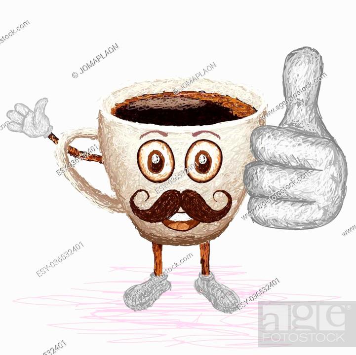 unique style illustration of funny, happy cartoon cup of coffee with  mustache waving, Stock Vector, Vector And Low Budget Royalty Free Image.  Pic. ESY-036532401 | agefotostock